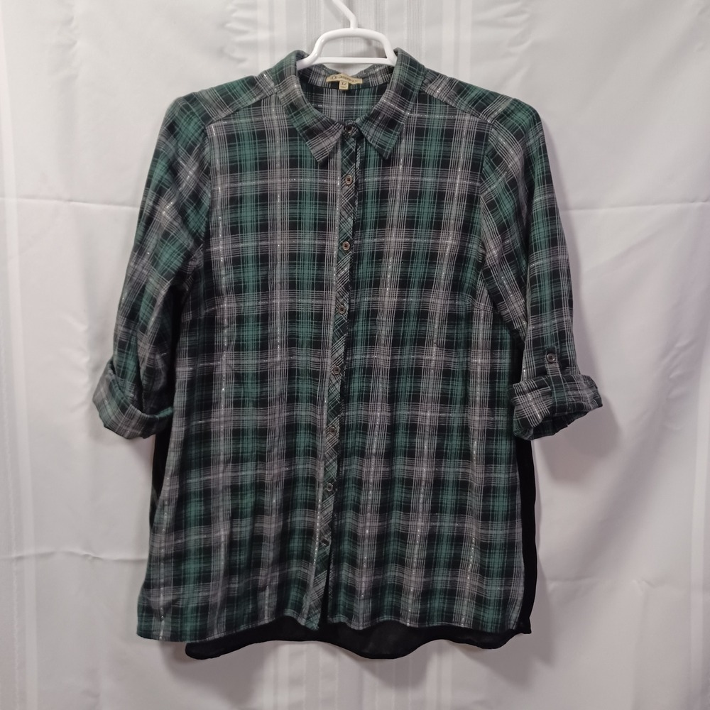 Democracy Shirt Womens XL Green Plaid Velvet Back Embroidered B0615P65E Top